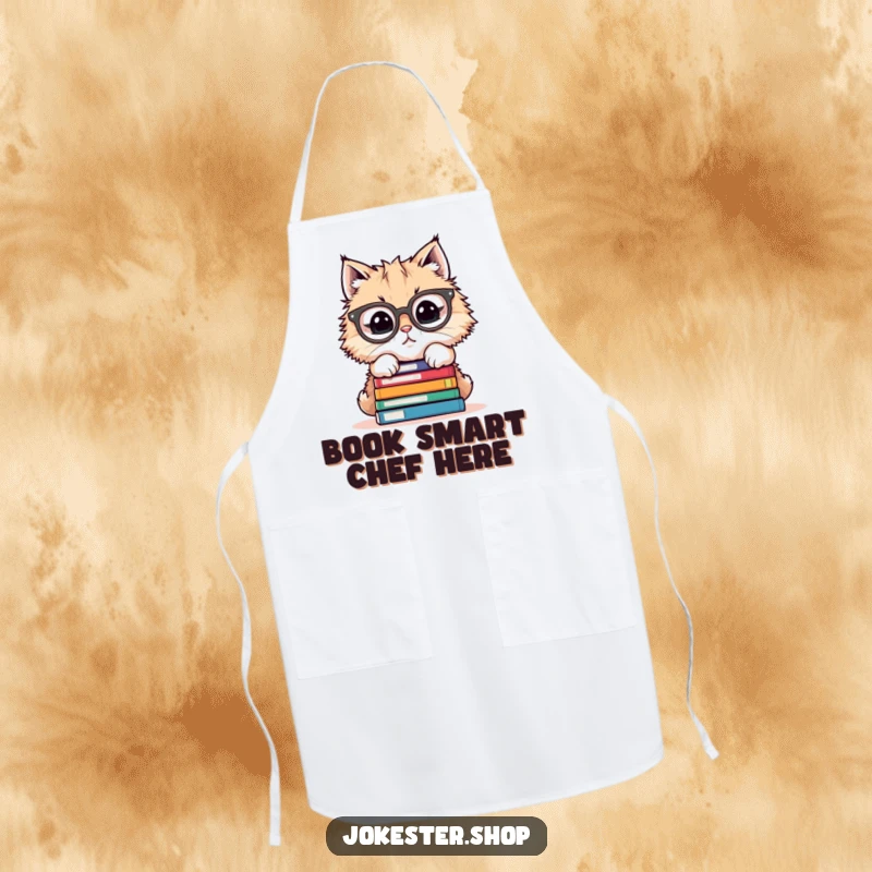 Funny apron showing a cat wearing glasses, precariously balancing a tall stack of books while in the kitchen.