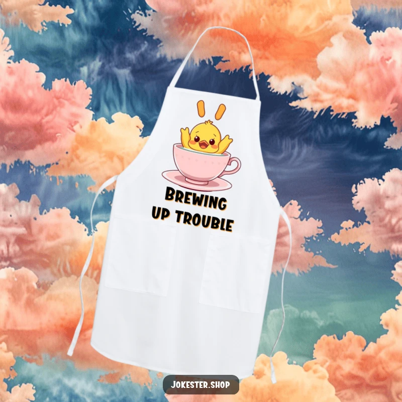 Funny Apron: A rubber ducky floating upside down in a teacup, perfect for adding a humorous and surprising element to kitchen activities.
