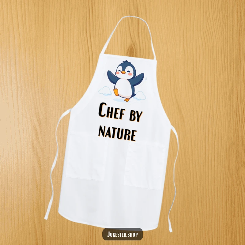 Funny Apron depicting a determined penguin trying to fly with its flippers, perfect for a humorous cooking experience.
