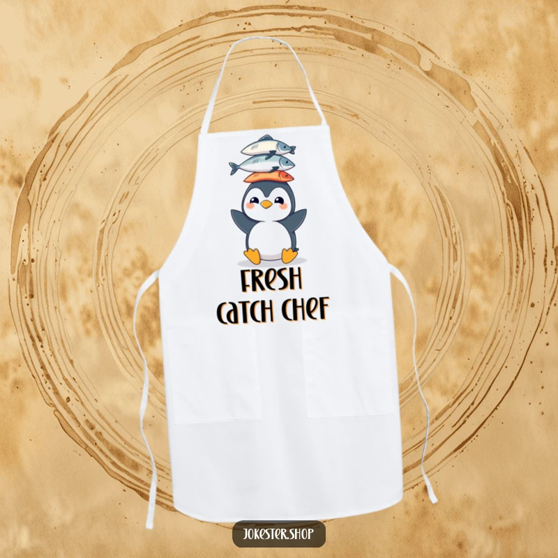 Funny apron for cooking, showing a cheerful penguin character balancing a stack of fish on its head, perfect for kitchen fun.