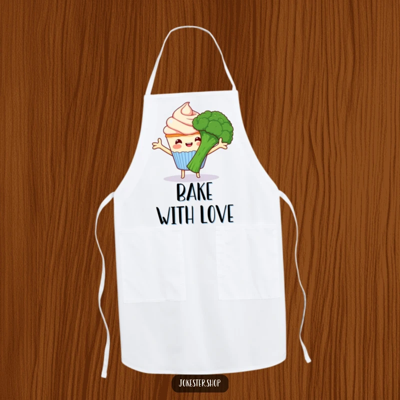 Funny happy cupcake with frosting arms hugging grumpy broccoli, a humorous kitchen apron for cooking, showcasing food friends, a funny gift.