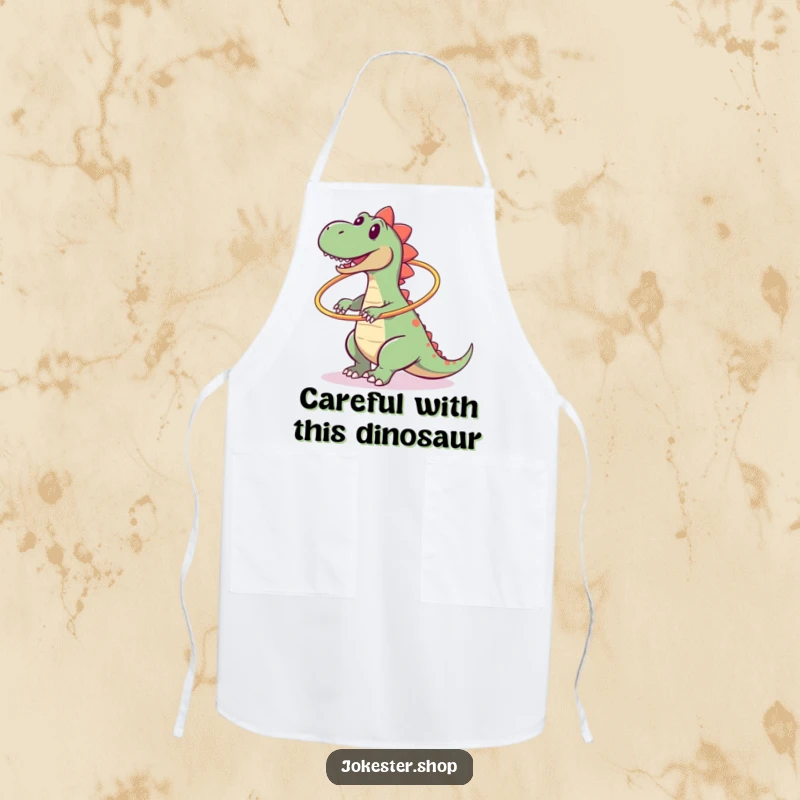 Funny apron showing a clumsy dinosaur comically falling over while attempting to hula hoop in the kitchen.