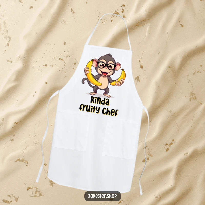 Funny apron depicting a mischievous monkey in glasses, juggling several large bananas, ready to add humor to kitchen tasks.