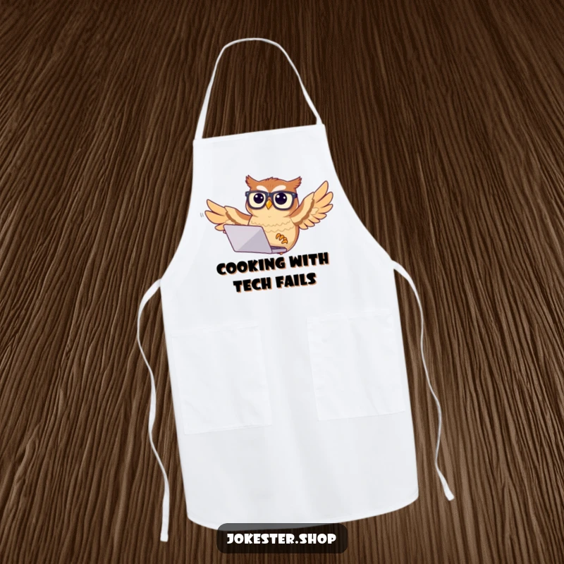 Funny owl apron depicting a confused owl with glasses trying to fly with a laptop, ideal for keeping clothes clean with humor.