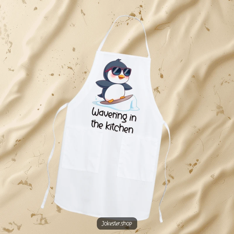 Funny apron print of a penguin in sunglasses surfing a small ice floe, adding a cool and comical touch to cooking.