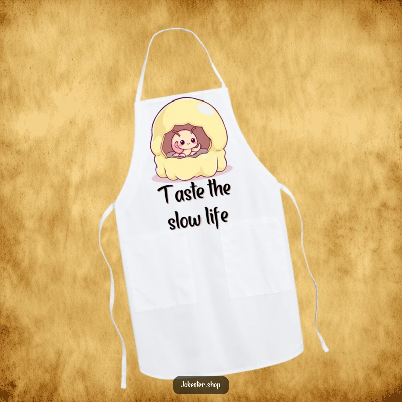 Funny shy snail peeking from a large, wobbly jelly mold, printed on a functional kitchen apron.