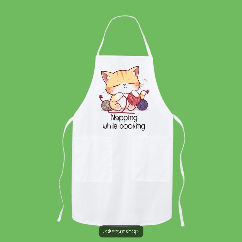 Funny Sleepy Cat Juggling Apron: Yarn Nap Kitchen Gift