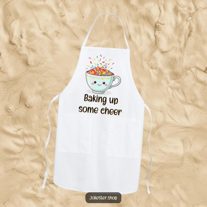 Funny teacup apron adorned with cheerful, dancing sprinkles, designed for the playful cook who enjoys adding fun to the kitchen.