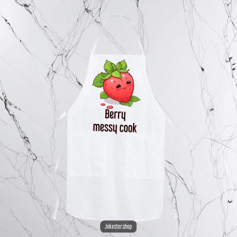 Funny Apron depicting a blushing strawberry tripping over its leaves, perfect for a humorous cooking experience.