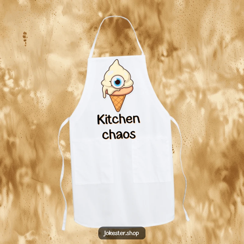 Funny melting ice cream cone with one giant eye, looking confused, a quirky kitchen apron for cooking, adding funny charm, a funny gift.