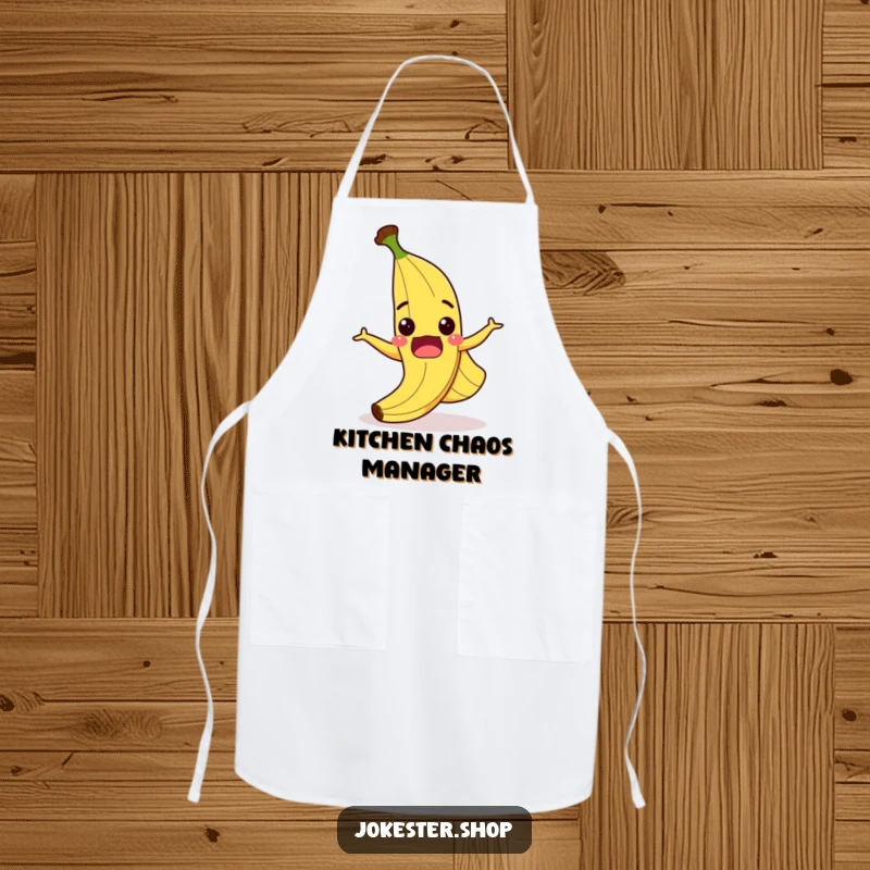 Funny kitchen apron showcasing a surprised cartoon banana peel slipping with a grin, adding humor to cooking and baking tasks.