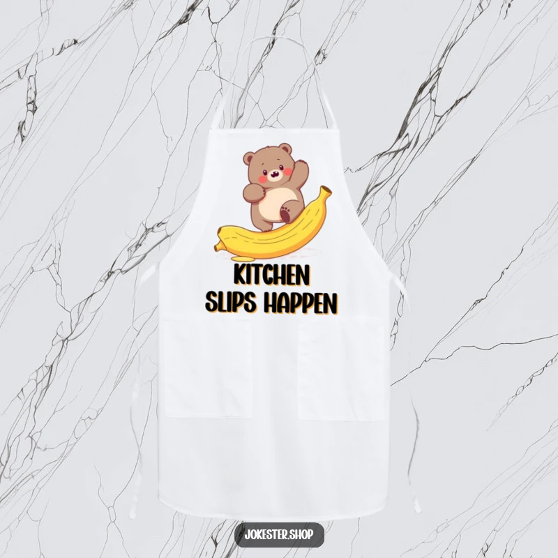 Funny apron showing a plump bear hilariously trying to climb a slippery banana peel, perfect for chefs.