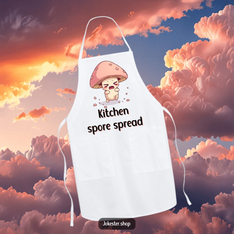 Funny kitchen apron showing a nervous mushroom character tripping over its cap, scattering spores.