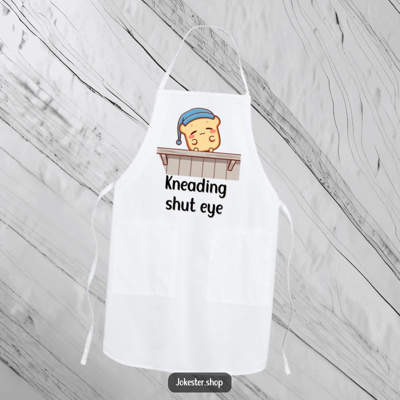 Funny sleepy bread loaf wearing a nightcap, falling off a shelf, a humorous kitchen apron for cooking, showcasing funny sleepiness, a funny gift.