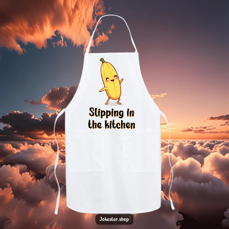 Funny banana peel with legs slipping on itself on a durable apron, a funny kitchen gift.