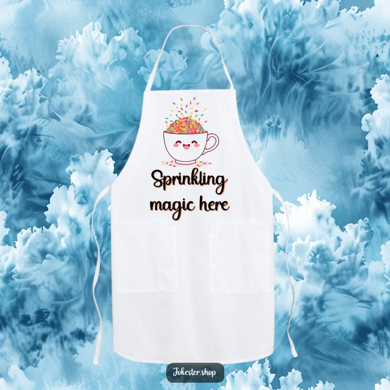 Funny apron showing a teacup overflowing with dancing sprinkles, perfect for bakers who love sweets.