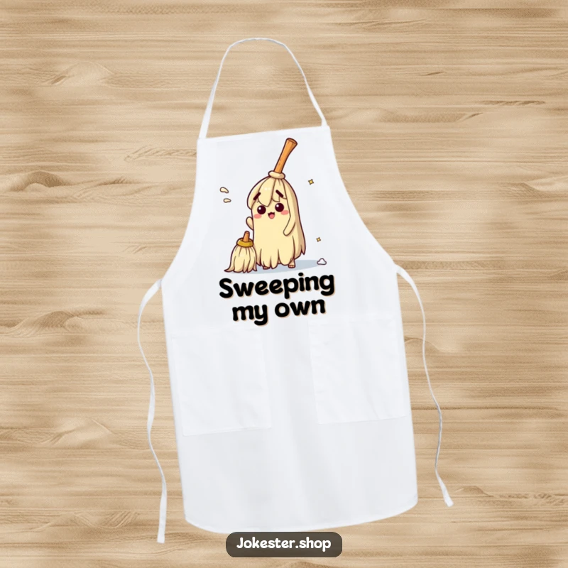 Funny apron showing a bewildered broom trying to sweep itself clean, ideal for adding humor to cooking and making a practical, funny gift.