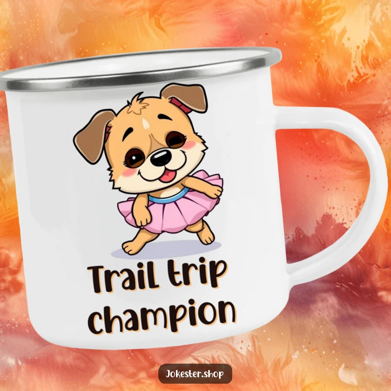 Funny dog camping mug, wearing a tutu and comically tripping, ready for adventure with a side of pure goofy charm.