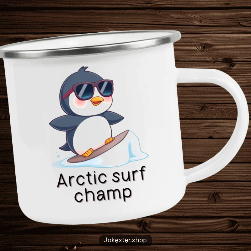 Funny camping mug illustration of a penguin in sunglasses surfing a small ice floe, bringing cool humor to any outdoor setting.