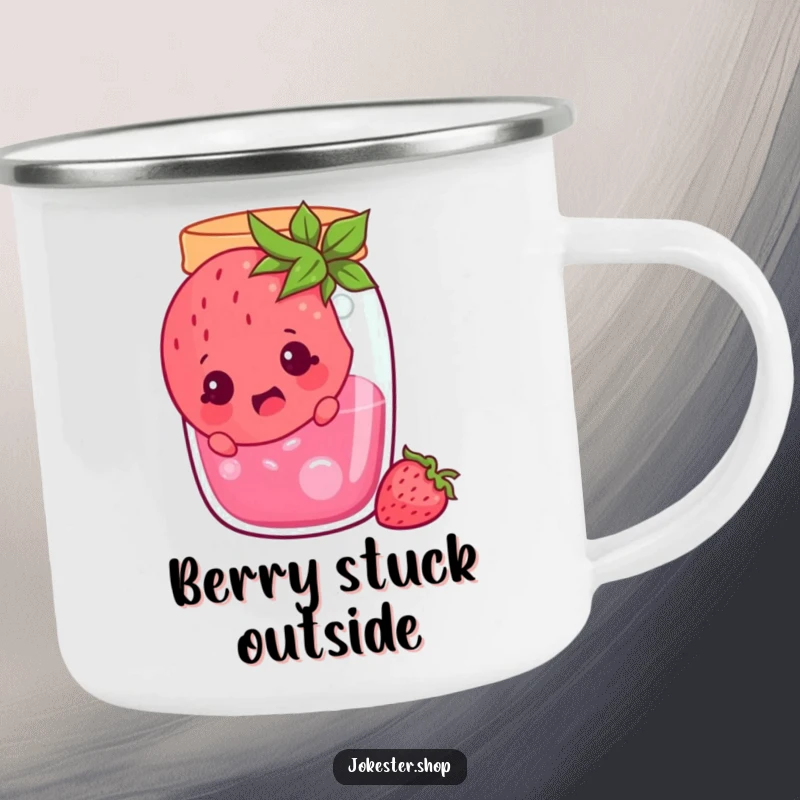 Funny cheerful strawberry stuck in a jam jar, looking surprised, a durable camping mug featuring a comical fruit character, ideal funny gift.