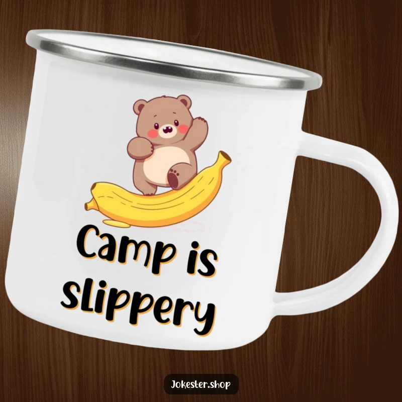 Funny camping mug with a plump bear hilariously trying to climb a slippery banana peel, perfect for outdoor enthusiasts.