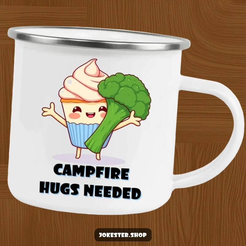 Funny happy cupcake with frosting arms hugging grumpy broccoli, a durable camping mug featuring amusing food characters, ideal funny gift.