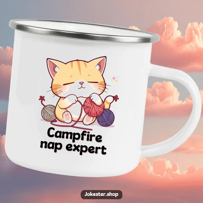 Funny camping mug featuring a sleepy cat attempting to juggle yarn balls, looking tired, perfect for humorous outdoor sipping.
