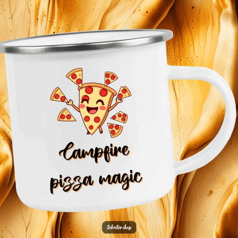 Funny camping mug with a pizza slice juggling pepperoni, perfect for outdoor meals and pizza lovers.