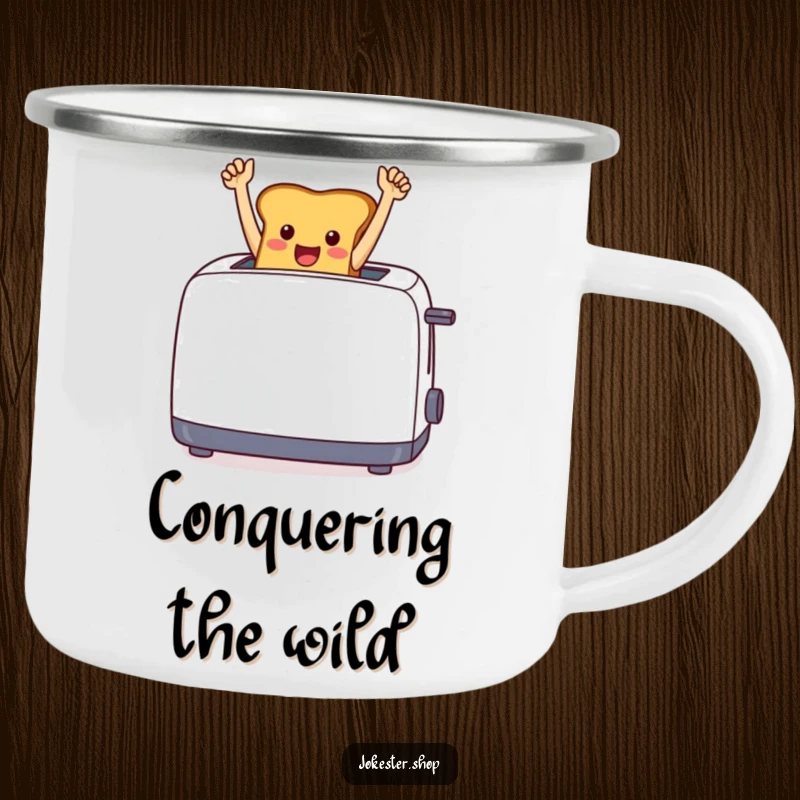 Funny cheerful toast jumping from a toaster with arms raised in triumph on a durable camping mug.