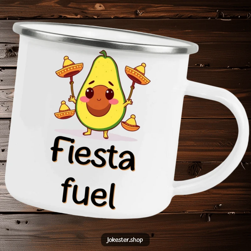 Funny enamel camping mug with a determined avocado character juggling three miniature sombreros, designed for outdoor fun and fiesta vibes.