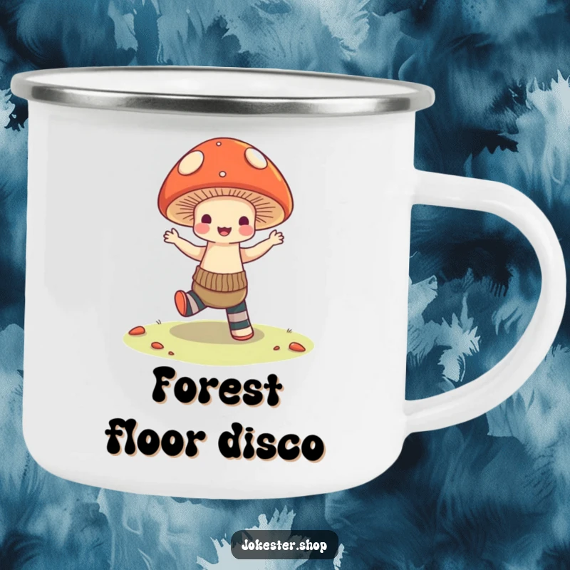 Funny Camping Mug: A cheerful mushroom dancing energetically, wearing mismatched socks, ideal for enjoying hot beverages during outdoor adventures with a humorous twist.