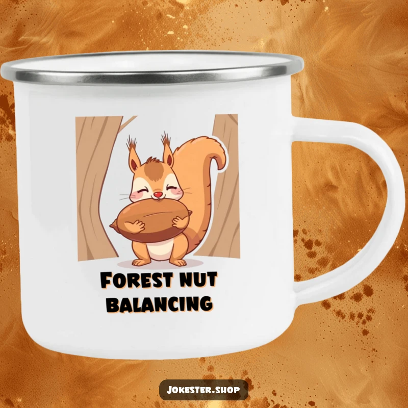 Funny camping mug illustration of a squirrel balancing a huge nut on its nose, adding humor to outdoor settings.