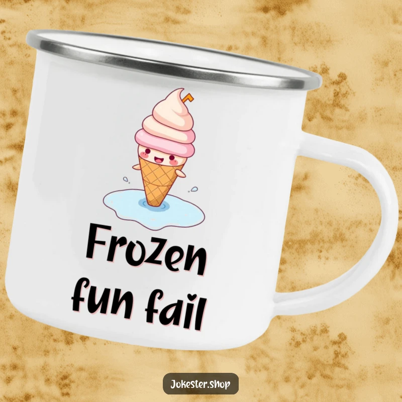 Funny camping mug with a happy ice cream cone in a hat, comically slipping on its puddle, perfect for sweet outdoor humor.