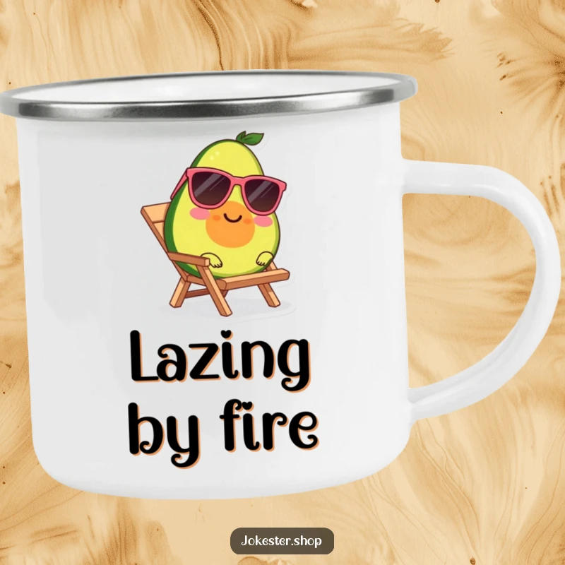 Funny enamel camping mug with a smiling avocado character wearing sunglasses, lounging on a tiny beach chair.