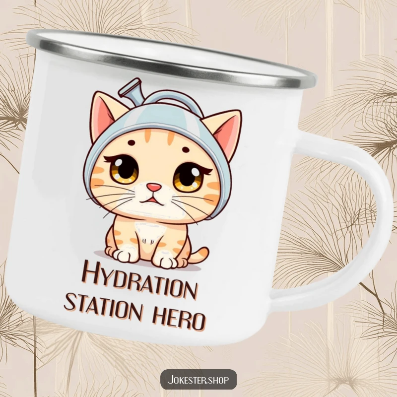 Funny cat camping mug with a bewildered cat wearing a watering can as a helmet, perfect for outdoor enthusiasts.