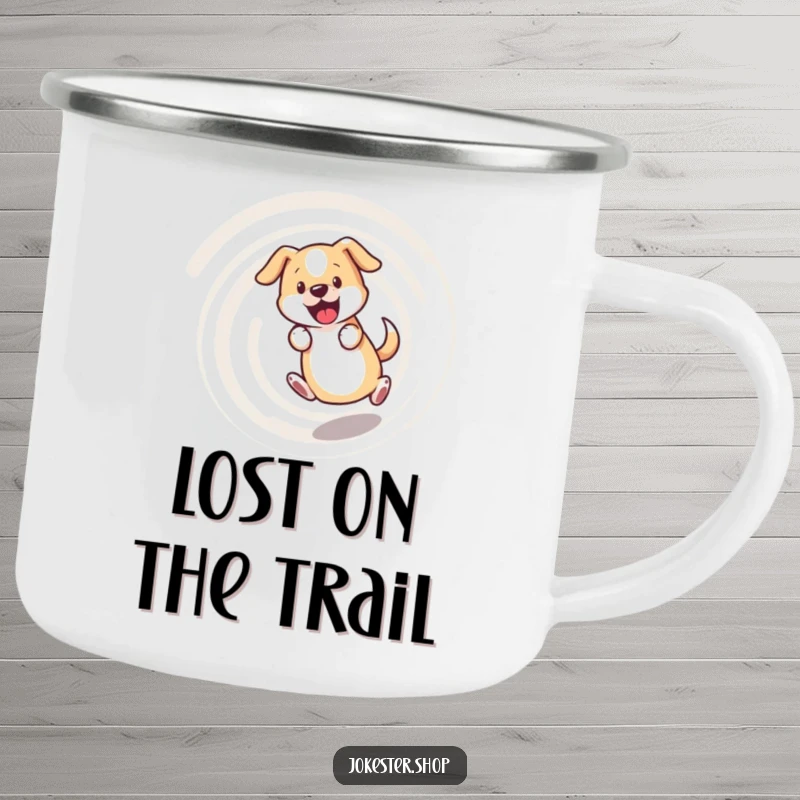 Funny dog camping mug, bewildered dog chasing its tail in a dizzying spiral, perfect for outdoor fun with a humorous touch.