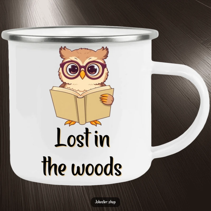 Funny owl character with oversized spectacles, looking bewildered by a giant book, printed on a camping mug.