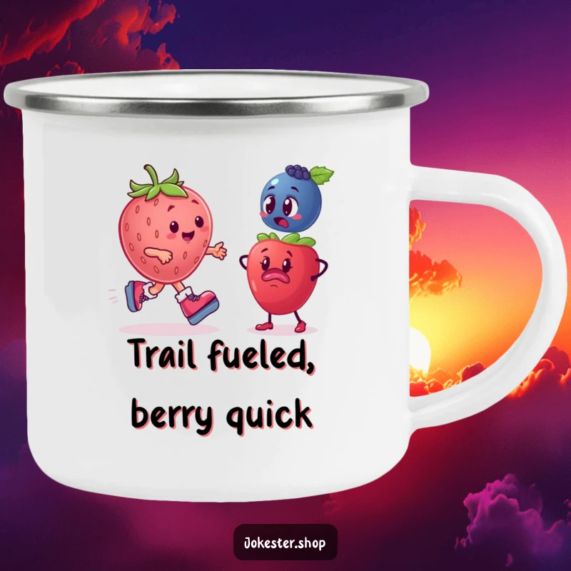 Funny Fruit Camping Mug: A plump strawberry on roller skates whizzes past a bewildered blueberry, perfect for outdoor trips.