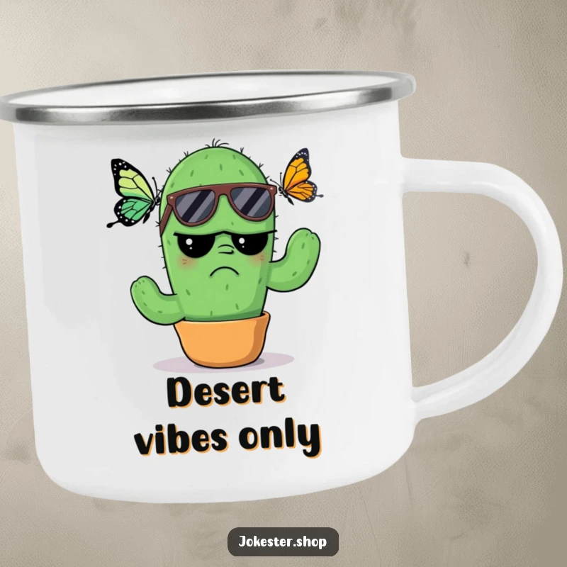 Funny Camping Mug: A grumpy cactus wearing sunglasses, looking annoyed by a butterfly, ideal for enjoying hot beverages with a humorous and cool twist.