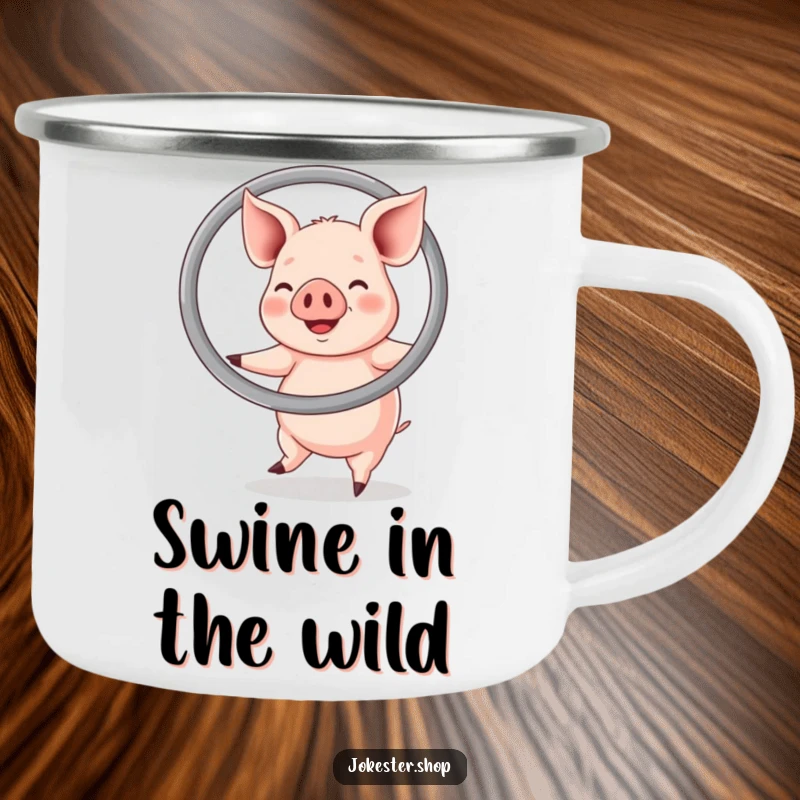 Funny camping mug illustration of a happy pig energetically hula hooping with a large ring, bringing cheerful humor to any setting.