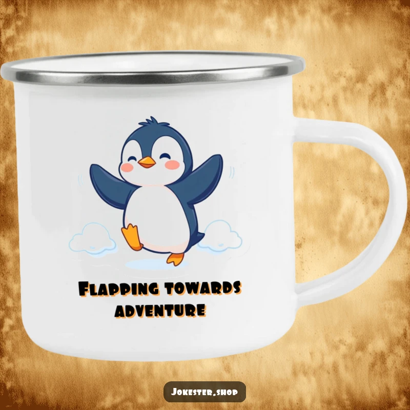 Funny Camping Mug showing a determined penguin trying to fly with its flippers, ideal for outdoor ambition and humor.