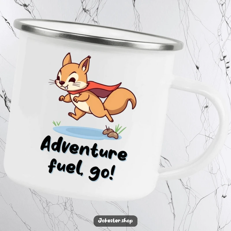Funny squirrel camping mug with a determined squirrel wearing a superhero cape, leaping over a puddle, for outdoor quests.
