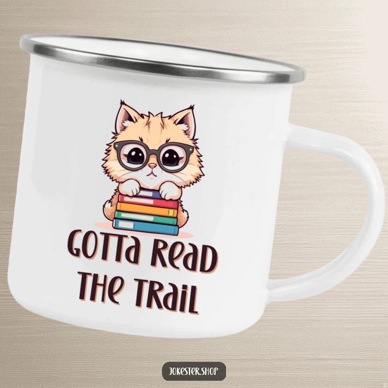 Funny camping mug with a cat wearing glasses struggling to balance a stack of books, for outdoor enthusiasts.