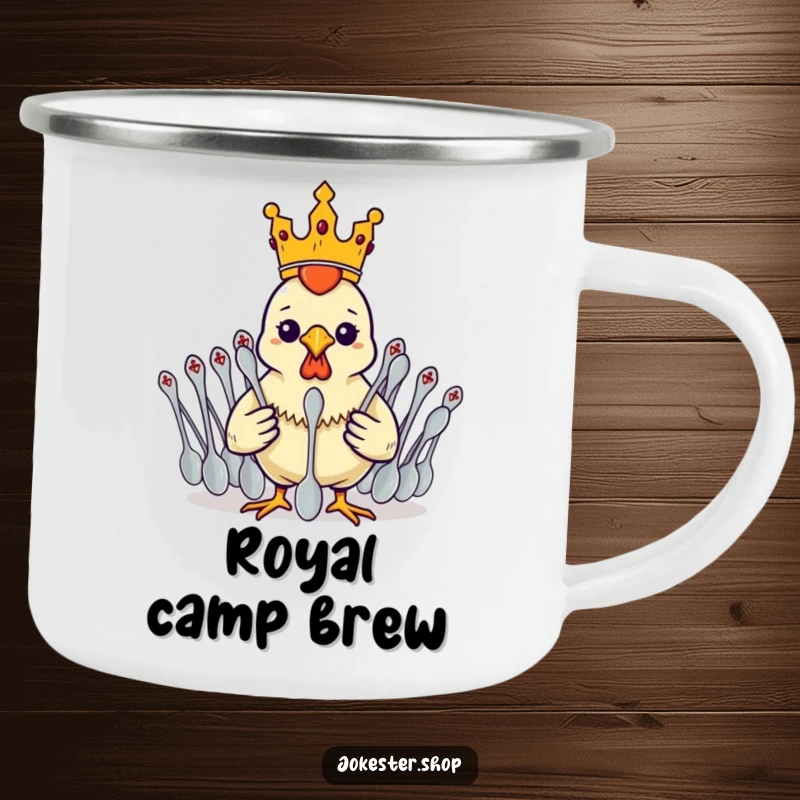 Funny crowned rubber chicken commanding a spoon army, designed for outdoor enjoyment on a durable camping mug.