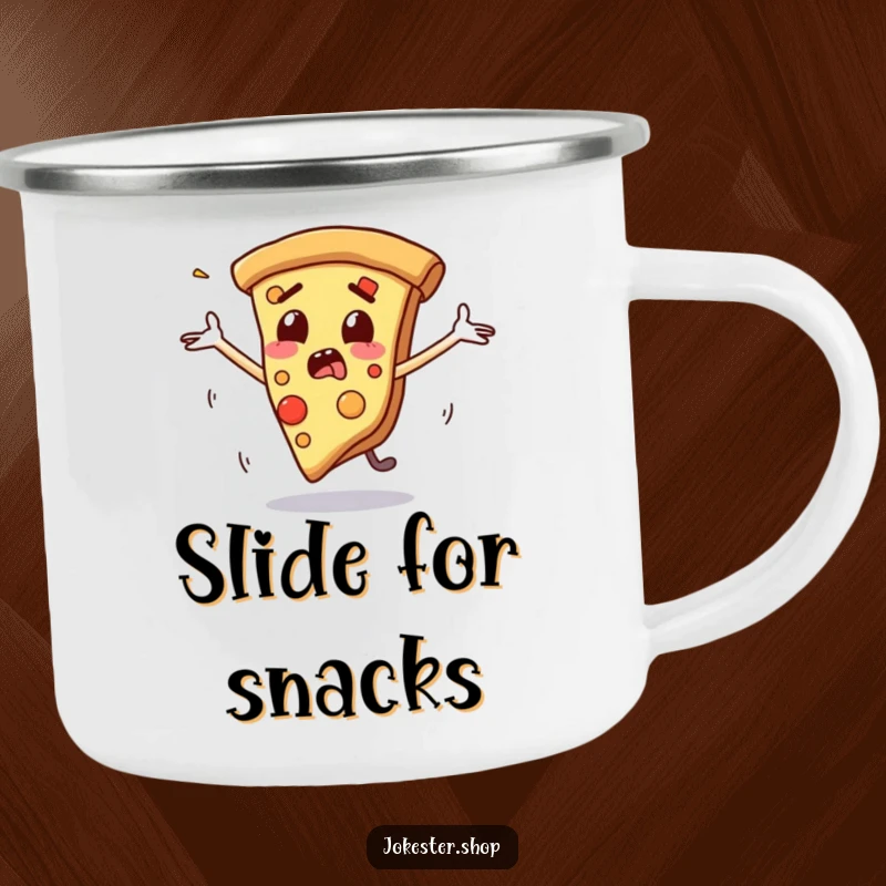 Funny enamel camping mug with a startled slice of pizza and flailing arms as it slides, designed for outdoor fun and hilarious moments.