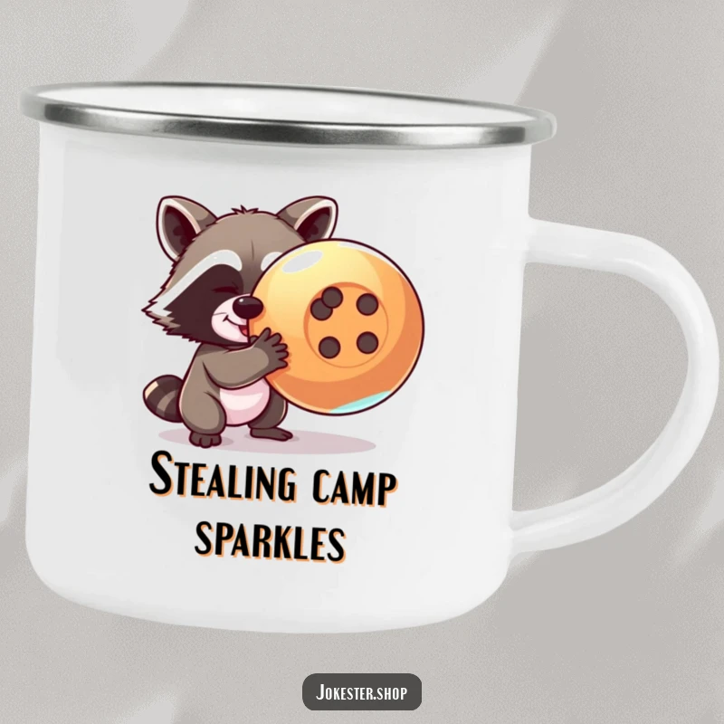 Funny raccoon camping mug depicting a mischievous raccoon attempting to steal a giant, shiny button, ideal for outdoor enjoyment.