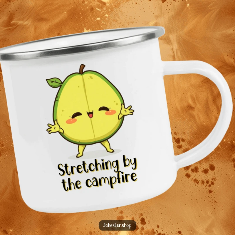 Funny Camping Mug showing a confident avocado doing a dramatic split, ideal for outdoor humor.