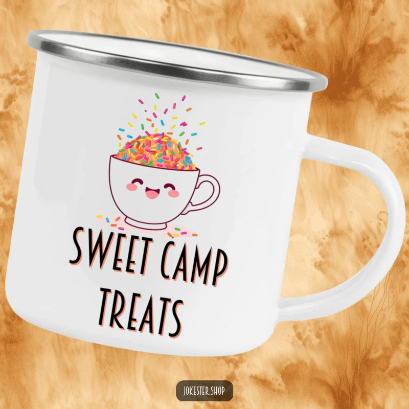 Funny camping mug with a teacup overflowing with dancing sprinkles, perfect for outdoor lovers of sweets.