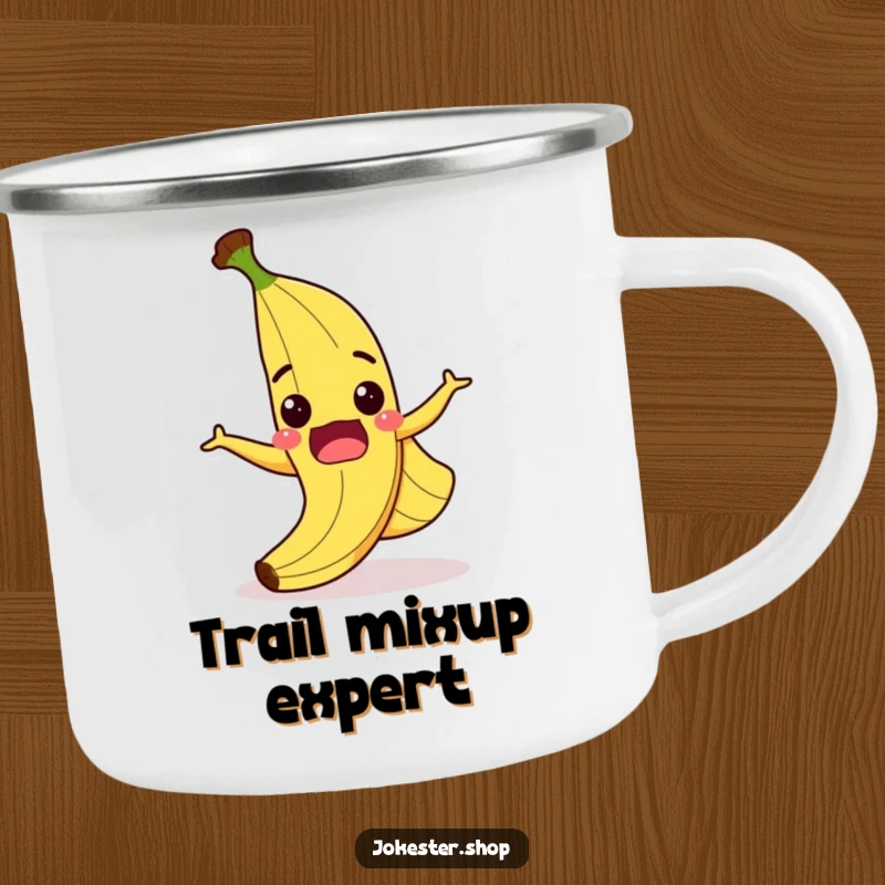 Funny camping mug with a cartoon banana peel slipping comically, wide grin, durable and humorous for outdoor enthusiasts.
