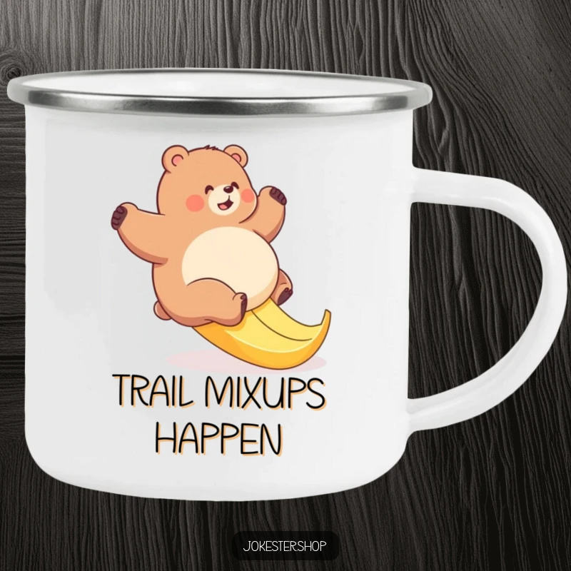 Funny bear banana slip camping mug, durable and humorous, showing a plump bear comedically slipping on a banana peel.